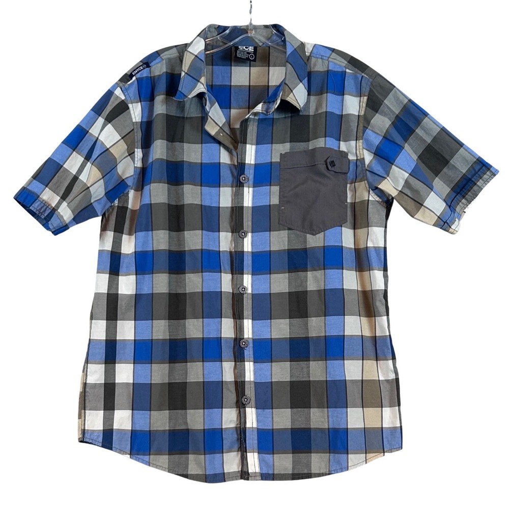 Enyce Mens‎ Blue Grey Plaid Short Sleeve Button Down Shirt Size Large Sean Combs
